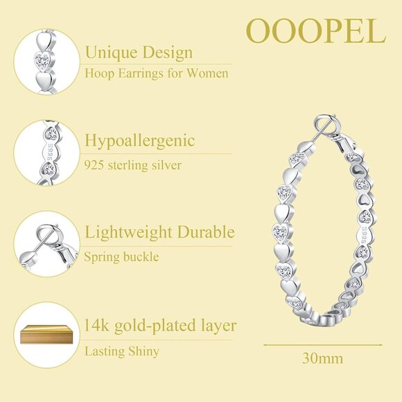 925 Silver-30mm Heart Cubic Zirconia Large Rhinestone Hoop Earrings for Womens - Picture 3 of 7